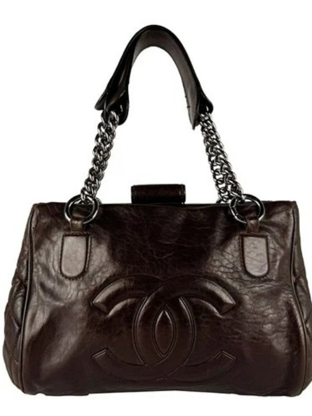 Auth CHANEL Handbag Brown Leather/Metal - z10924